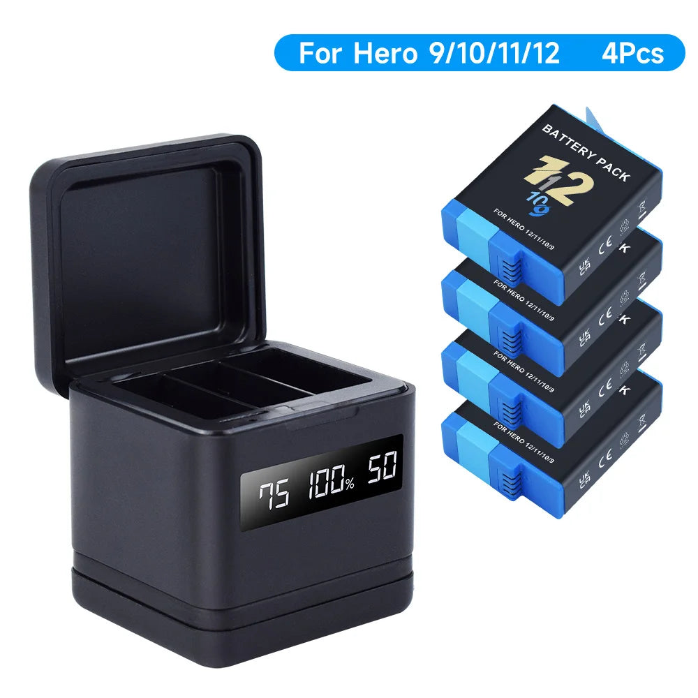 NEW GO PRO HERO 9 10 11 12 Battery With Charger Case for GoPro Hero 12 11 10 9 Sport Camera Batteries Black Accessories