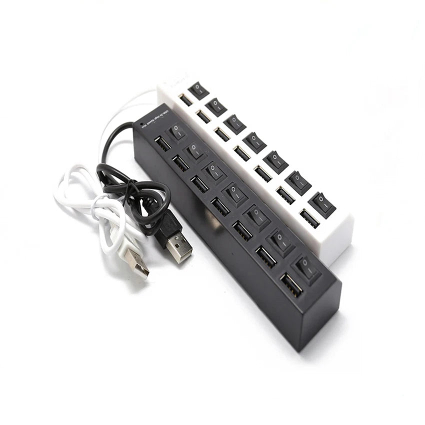 USB Hub 2.0 Splitter,7 Port USB Data Hub with Individual On/Off Switches and Lights for Laptop, PC, Computer, Black, White