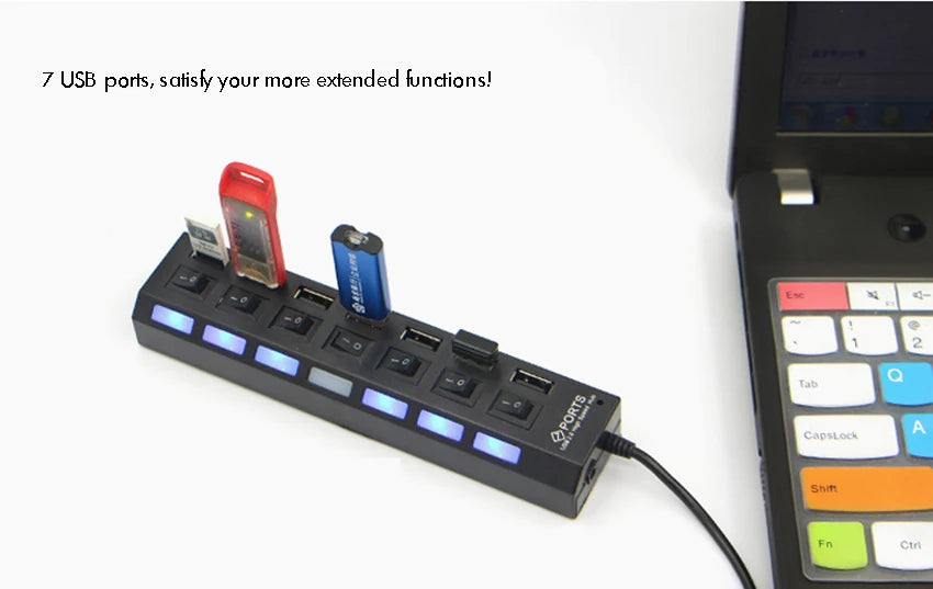 USB Hub 2.0 Splitter,7 Port USB Data Hub with Individual On/Off Switches and Lights for Laptop, PC, Computer, Black, White