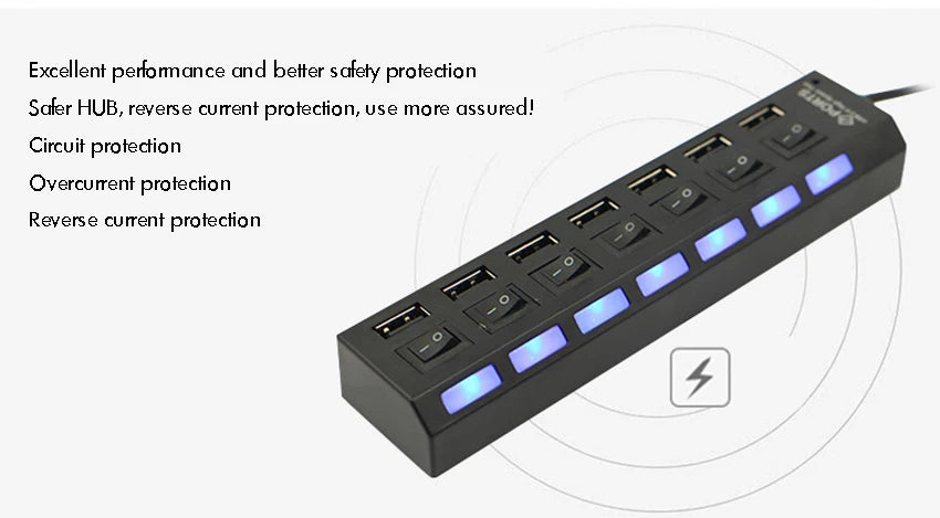 USB Hub 2.0 Splitter,7 Port USB Data Hub with Individual On/Off Switches and Lights for Laptop, PC, Computer, Black, White