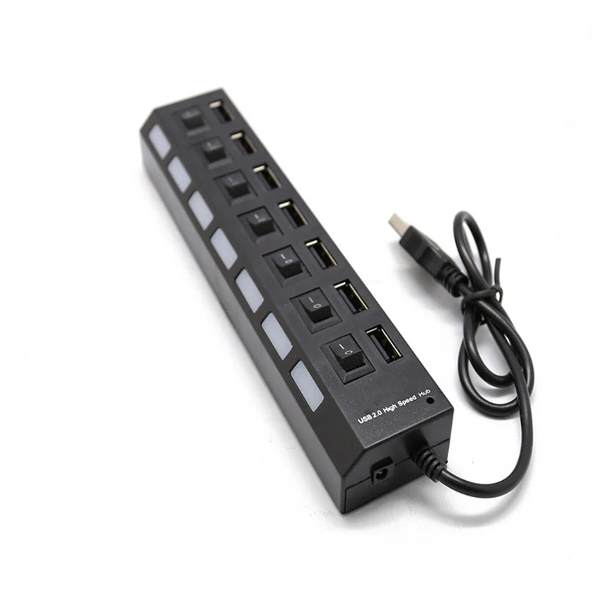 USB Hub 2.0 Splitter,7 Port USB Data Hub with Individual On/Off Switches and Lights for Laptop, PC, Computer, Black, White