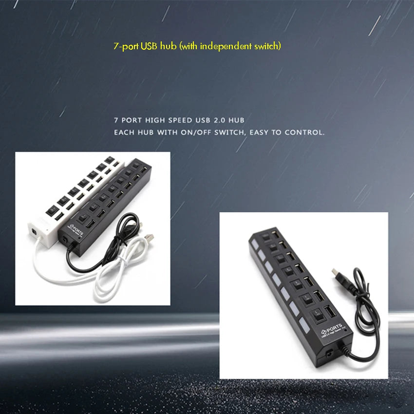 USB Hub 2.0 Splitter,7 Port USB Data Hub with Individual On/Off Switches and Lights for Laptop, PC, Computer, Black, White