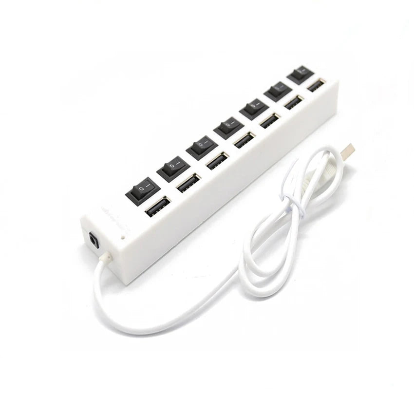 USB Hub 2.0 Splitter,7 Port USB Data Hub with Individual On/Off Switches and Lights for Laptop, PC, Computer, Black, White