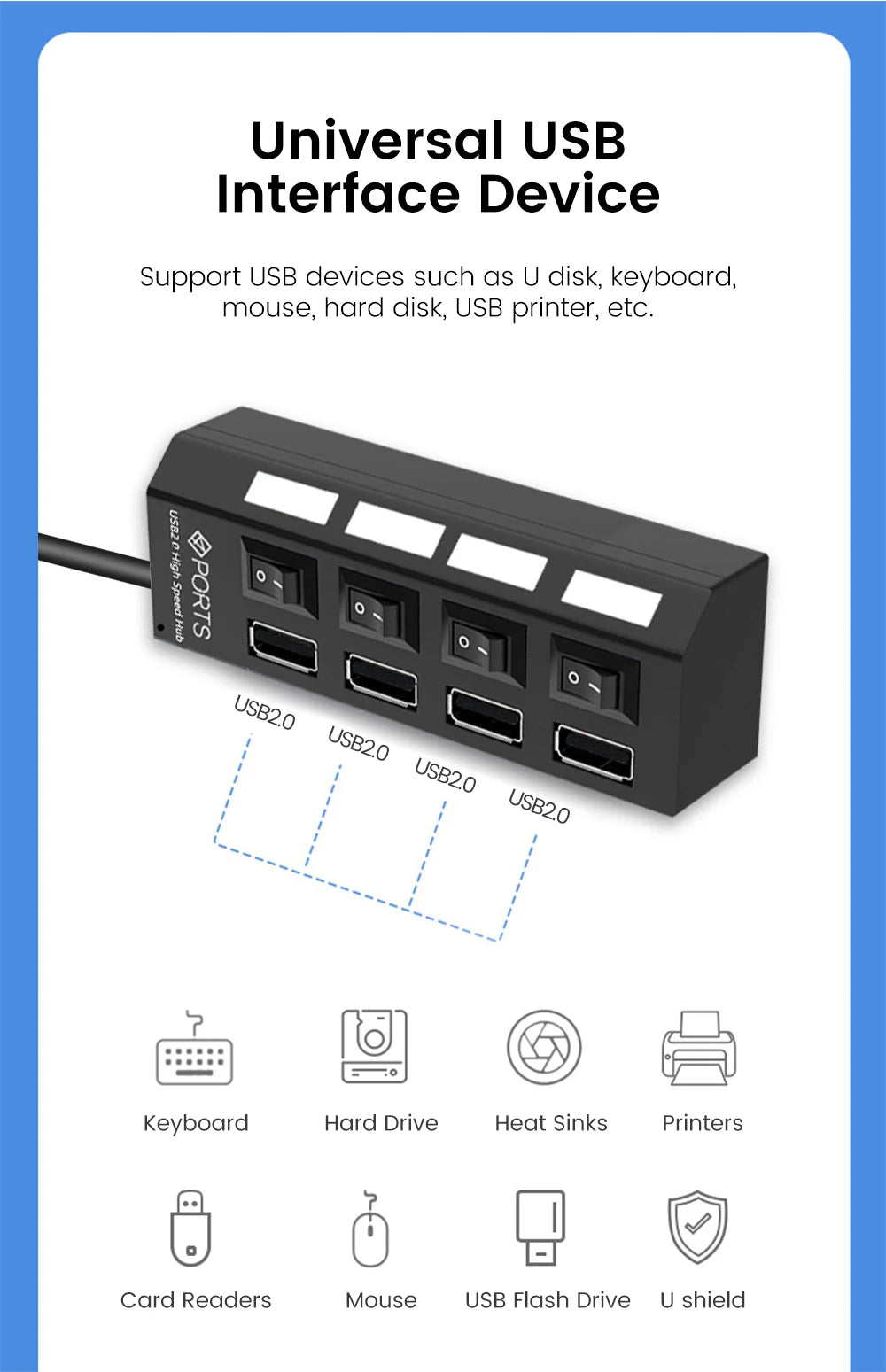 USB Hub Multiple Ports USB Extender Splitter Adapter Separate Switch High Speed USB 2.0 Hub For Computer Laptop Accessories