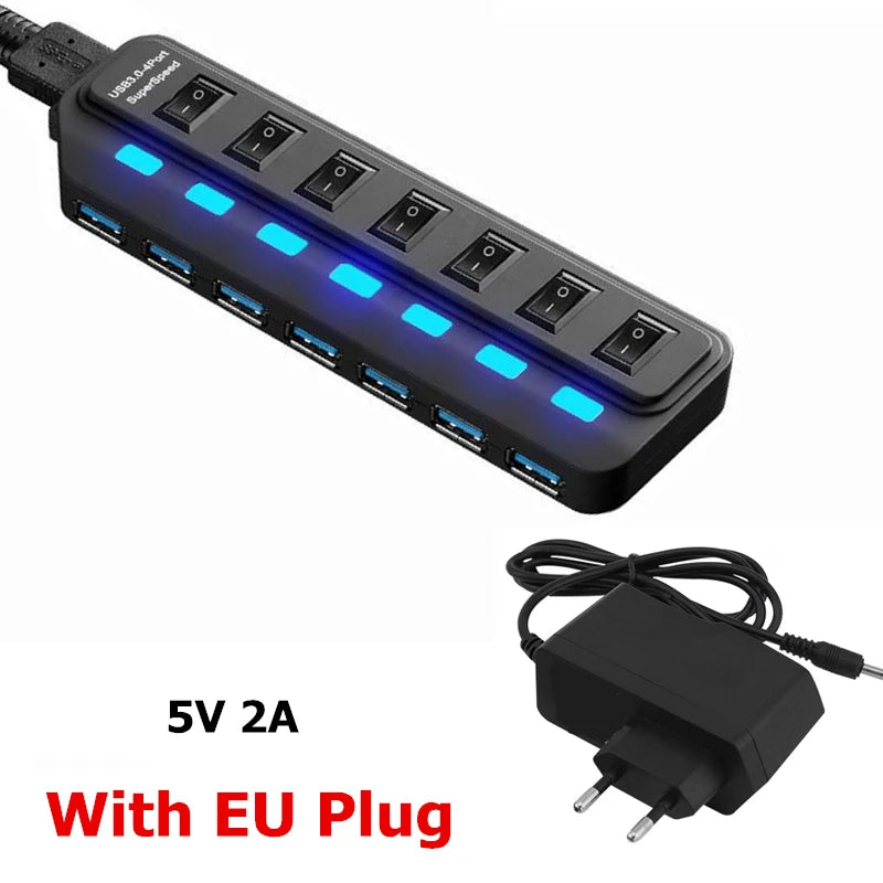 USB Hub 3.0 Multiprise USB High Speed Splitter 7 Port 5Gbps Hub Power Adapter with Switch Long Cable with Multiple Expander Hub