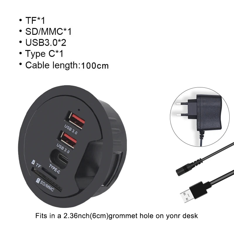 USB Hub USB 3.0 USB 2.0 Hub Desktop Grommet Type C Port Hub Audio Baseus With SD/TF Port Mount In Desk With Power Adapter 5V 2A