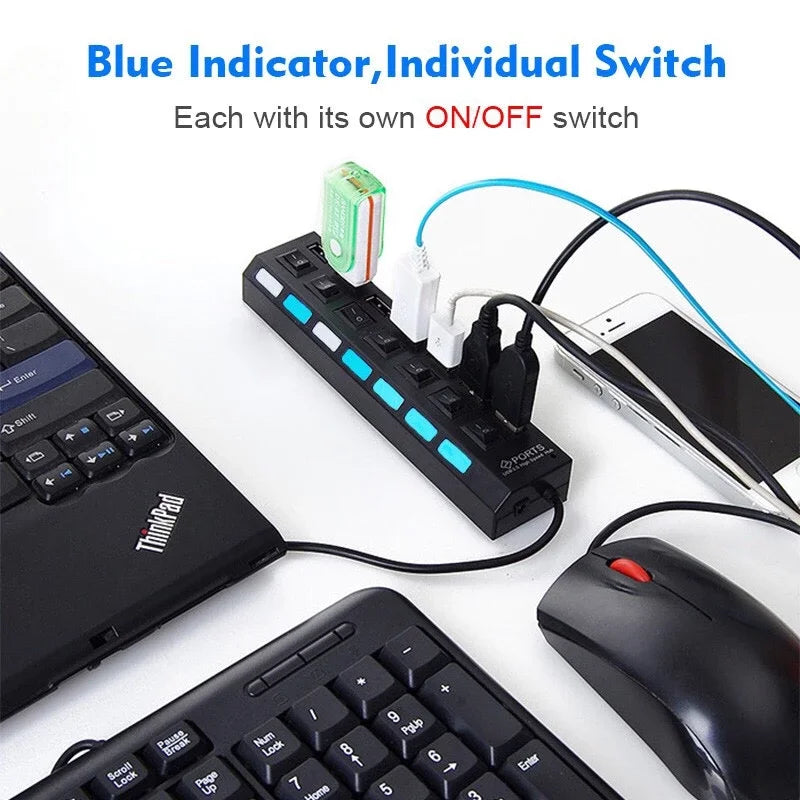 USB 2.0 Hub USB Hub 2.0 Multi USB Splitter Hub Use Power Adapter 4/7 Port Multiple Expander 2.0 USB Hub with Switch For PC