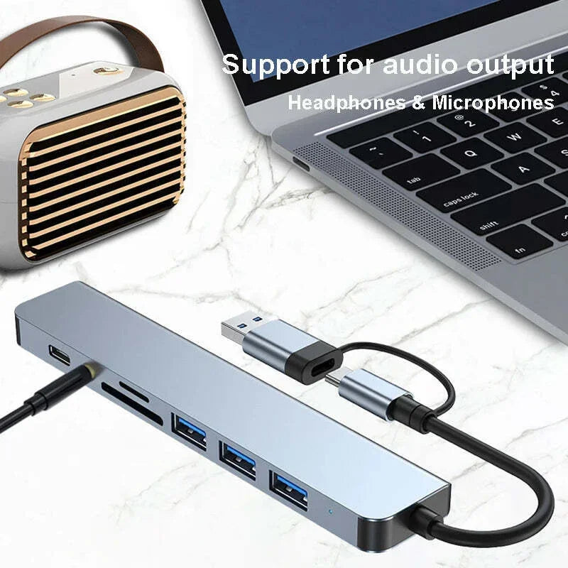 USB C Hub 8-in-2 USB Splitter with USB 3.0/2.0 USB-C Data 3.5 Audio SD/TF Card Reader Multiport USB C HUB for MacBook Laptop