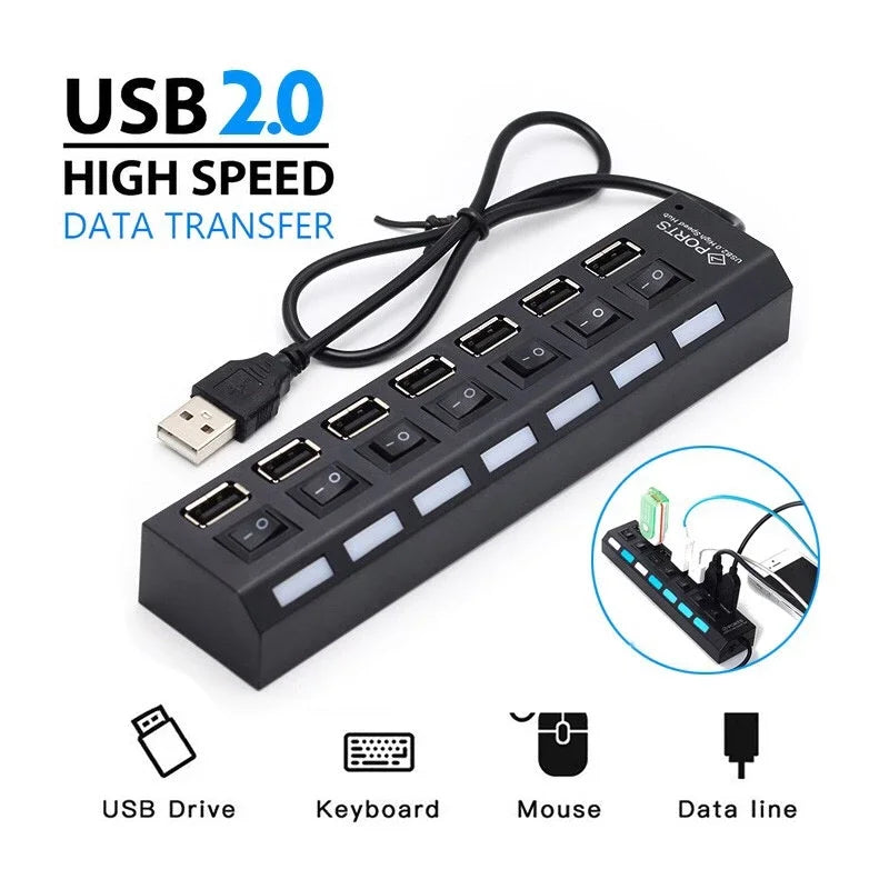 USB 2.0 Hub USB Hub 2.0 Multi USB Splitter Hub Use Power Adapter 4/7 Port Multiple Expander 2.0 USB Hub with Switch For PC