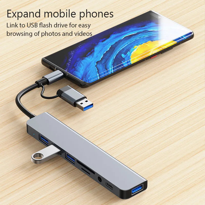 USB HUB 8 in 2 TypeC/USB3.0 To TF/PD +3.5mm Audio 5 in 2 HUB USB C Multi Splitter High Speed For PC/Laptop/Macbook Pro/Switch