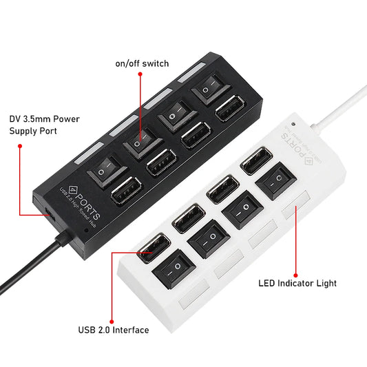 USB 2.0 Hub USB Hub 2.0 Multi USB Splitter Hub Use Power Adapter 4/7 Port Multiple Expander 2.0 USB Hub with Switch For PC