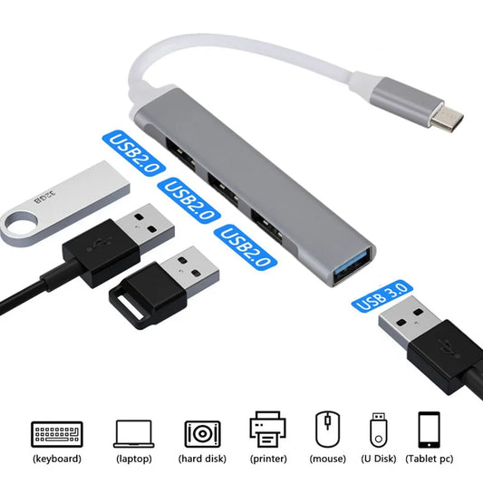 USB Type C Hub 4Port Adapter USB 3.0 Multi Splitter 4 in 1 Docking Station UltraSlim SuperSpeed Aluminum For Computer Laptop PC