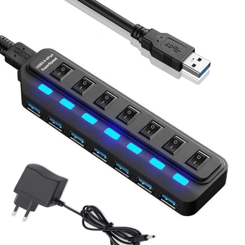 USB Hub 3.0 Multiprise USB High Speed Splitter 7 Port 5Gbps Hub Power Adapter with Switch Long Cable with Multiple Expander Hub