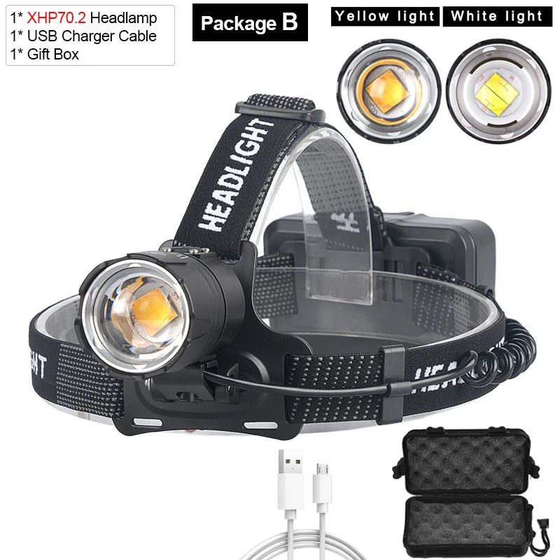 XHP70.2 Use 3*18650 batteries Led Headlamp XHP70 Most Powerful Yellow or White Led Headlight Fishing Camping ZOOM Torch