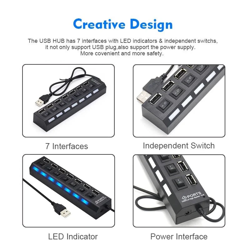 USB 2.0 Hub USB Hub 2.0 Multi USB Splitter Hub Use Power Adapter 4/7 Port Multiple Expander 2.0 USB Hub with Switch For PC