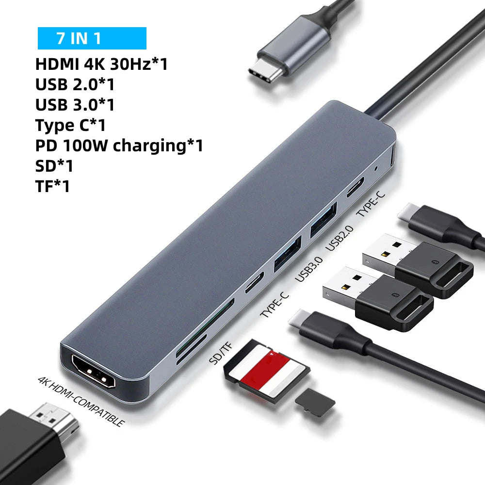 USB C Hub 4K 30Hz HDMI USB HUB PD 100W Multiport Adapter SD TF USB 3.0 2.0 Splitter Docking Station for Phone MacBook Computer