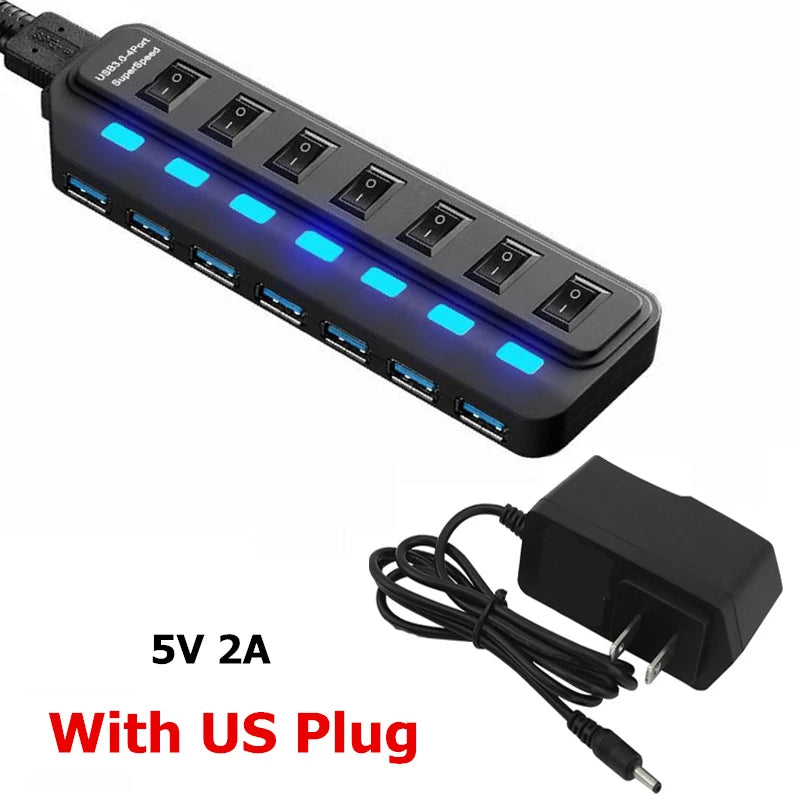 USB Hub 3.0 Multiprise USB High Speed Splitter 7 Port 5Gbps Hub Power Adapter with Switch Long Cable with Multiple Expander Hub