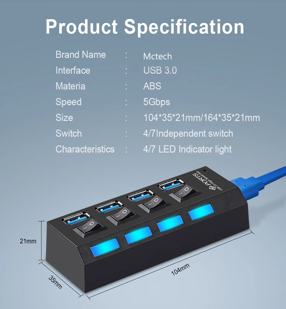 USB 3.0 Hub 5Gbps High Speed Multi USB Splitter 3 Hab Use Power Adapter 4/7 Port Multiple Expander Hub With Switch For PC Laptop