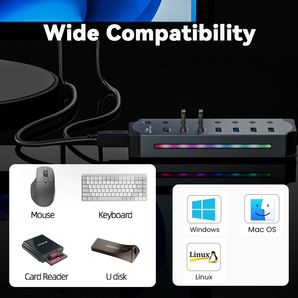 7 Port USB 3.0 Hub Aluminum Multiple Splitter Independent Button Switches For PC Laptop RGB Lighting Effects High Speed USB Hub