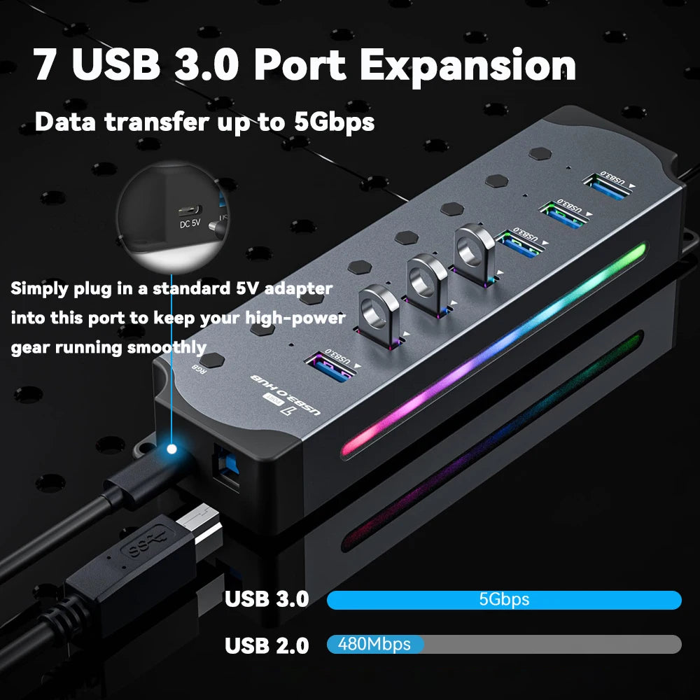 7 Port USB 3.0 Hub Aluminum Multiple Splitter Independent Button Switches For PC Laptop RGB Lighting Effects High Speed USB Hub