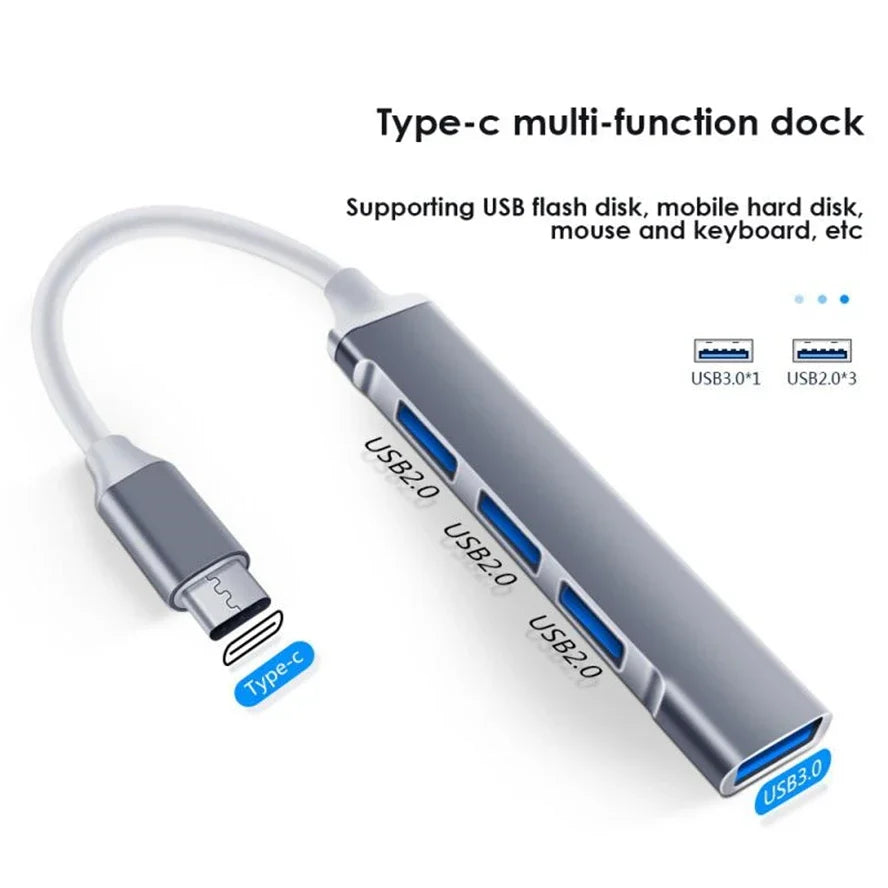USB Type C Hub 4Port Adapter USB 3.0 Multi Splitter 4 in 1 Docking Station UltraSlim SuperSpeed Aluminum For Computer Laptop PC