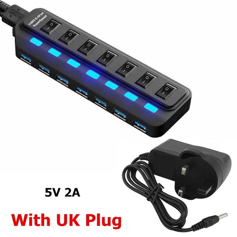 USB Hub 3.0 Multiprise USB High Speed Splitter 7 Port 5Gbps Hub Power Adapter with Switch Long Cable with Multiple Expander Hub