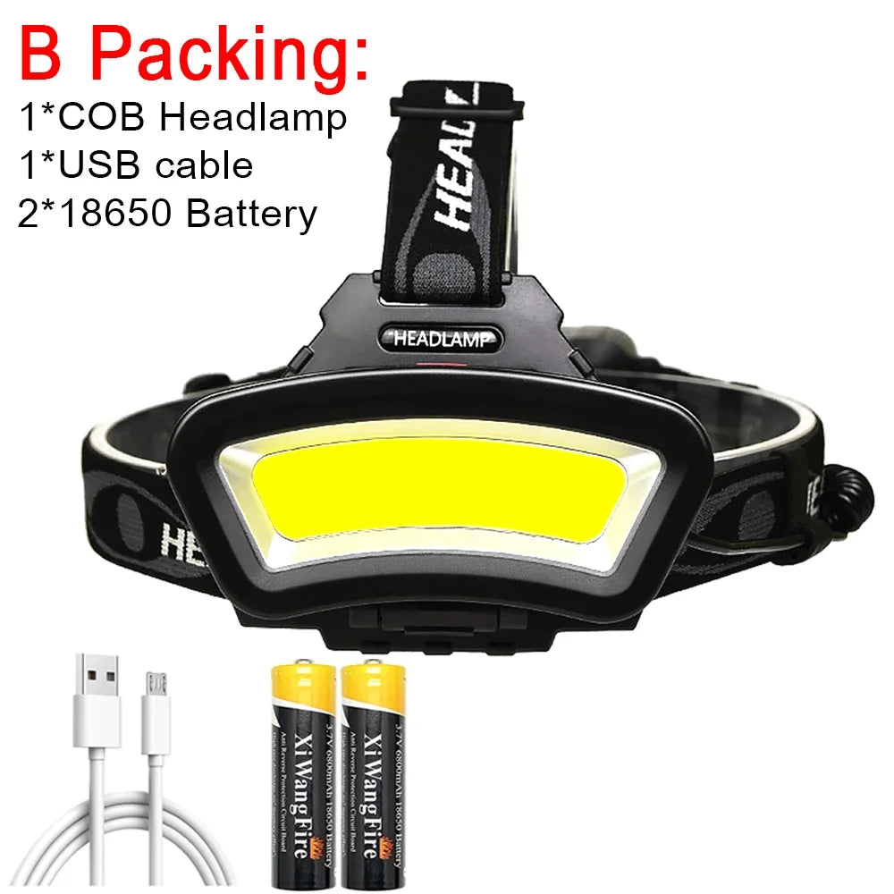 COB LED Wide Headlamp Wide Range Lighting USB Rechargeable LED Wide Angle Headlight with Battery Level Display 2*18650 Batteries
