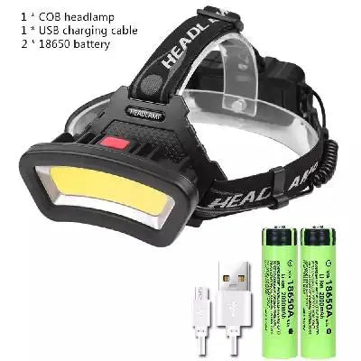 COB LED Wide Headlamp Wide Range Lighting USB Rechargeable LED Wide Angle Headlight with Battery Level Display 2*18650 Batteries