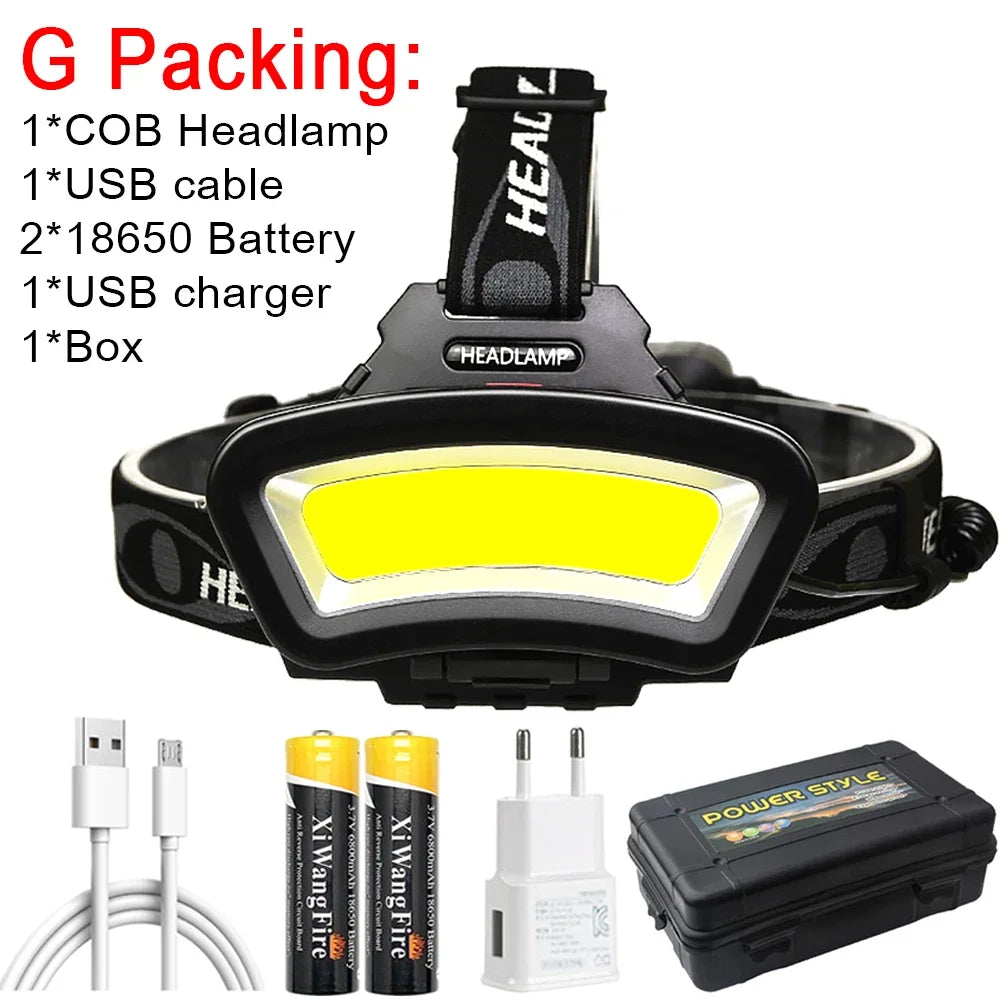 COB LED Wide Headlamp Wide Range Lighting USB Rechargeable LED Wide Angle Headlight with Battery Level Display 2*18650 Batteries