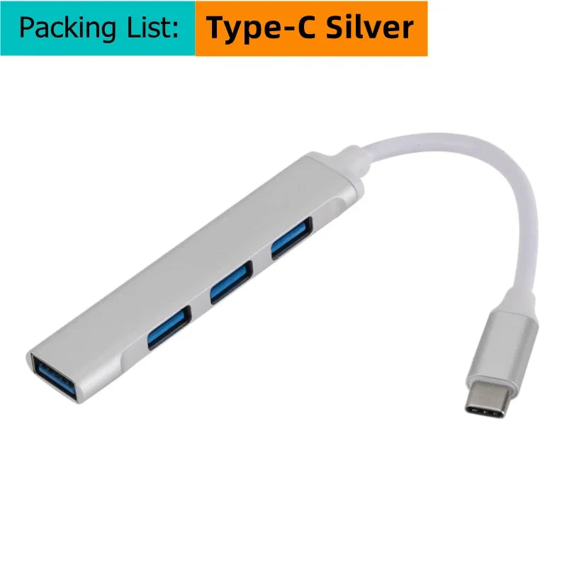 USB Type C Hub 4Port Adapter USB 3.0 Multi Splitter 4 in 1 Docking Station UltraSlim SuperSpeed Aluminum For Computer Laptop PC