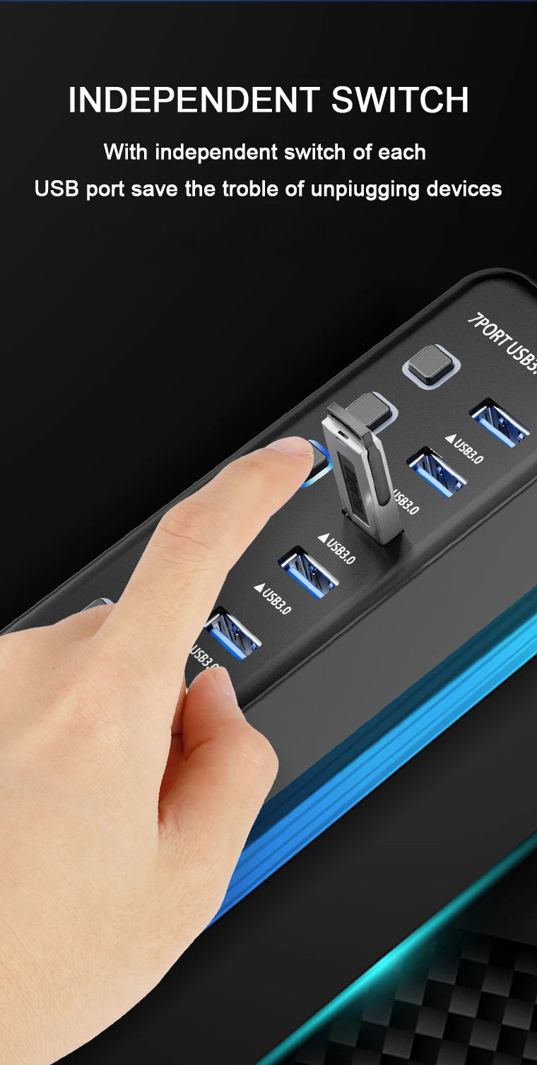 USB 3.0 Hub 4 Ports 7 Ports USB 3.0 Data Port Adapter 5Gbps High Speed Individual On/Off Switch Splitter USB Extension