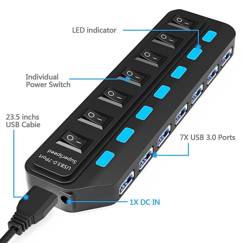 USB Hub 3.0 Multiprise USB High Speed Splitter 7 Port 5Gbps Hub Power Adapter with Switch Long Cable with Multiple Expander Hub
