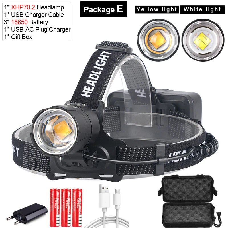 XHP70.2 Use 3*18650 batteries Led Headlamp XHP70 Most Powerful Yellow or White Led Headlight Fishing Camping ZOOM Torch