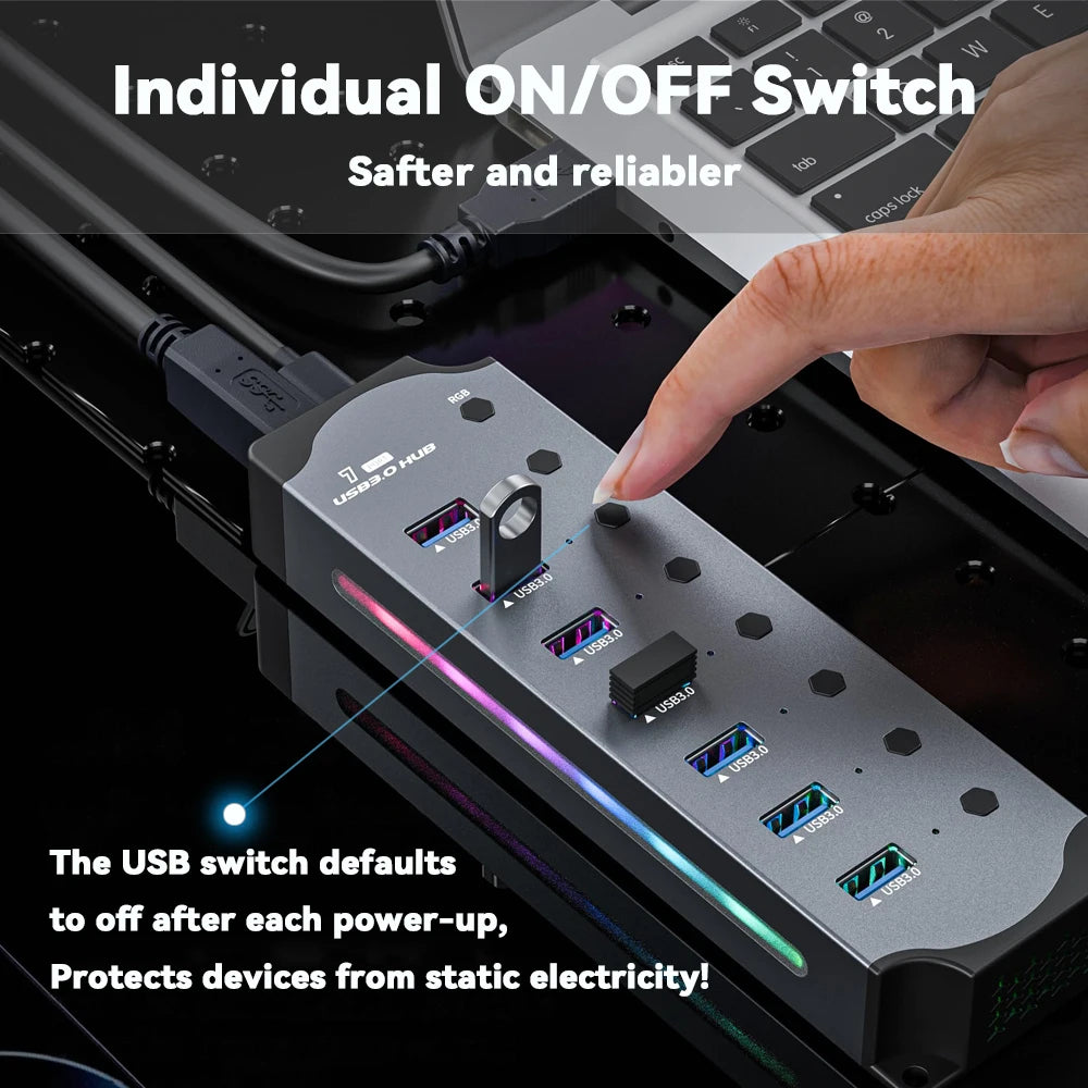 7 Port USB 3.0 Hub Aluminum Multiple Splitter Independent Button Switches For PC Laptop RGB Lighting Effects High Speed USB Hub