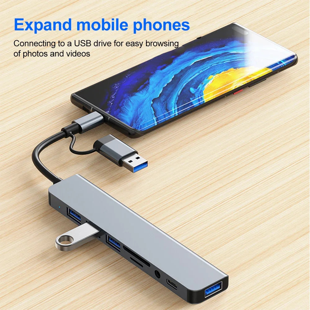 USB C Hub 8-in-2 USB Splitter with USB 3.0/2.0 USB-C Data 3.5 Audio SD/TF Card Reader Multiport USB C HUB for MacBook Laptop