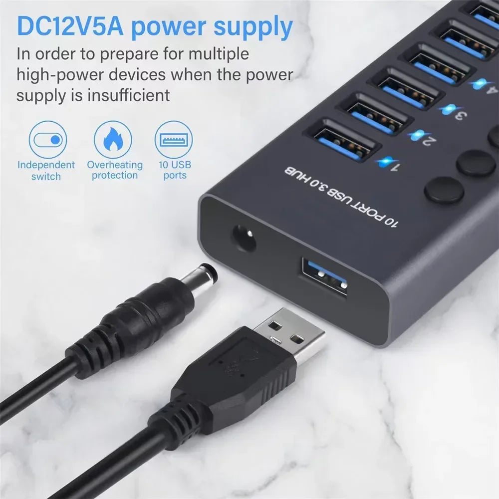 10 7 4 Port USB Hub 3.0 Aluminum A 3 0 Multi-hub Splitter Concentrator Multiple Extension Dock with Switch Adapter for PC Laptop
