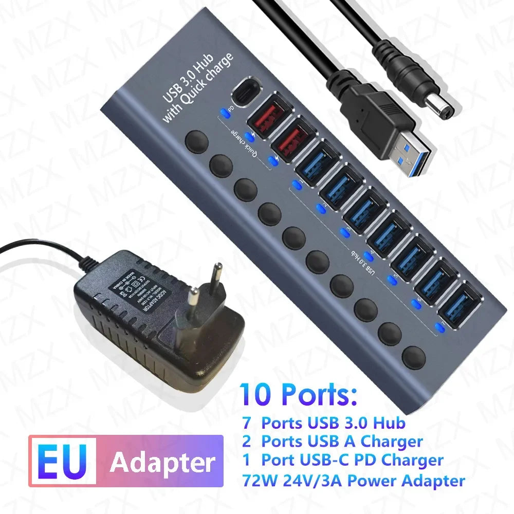 10 7 4 Port USB Hub 3.0 Aluminum A 3 0 Multi-hub Splitter Concentrator Multiple Extension Dock with Switch Adapter for PC Laptop
