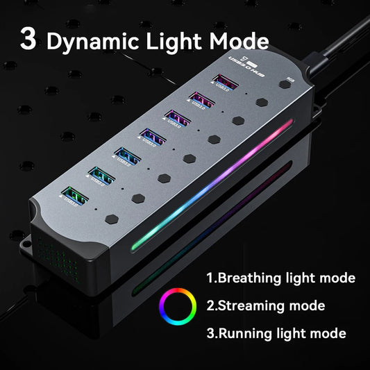 7 Port USB 3.0 Hub Aluminum Multiple Splitter Independent Button Switches For PC Laptop RGB Lighting Effects High Speed USB Hub