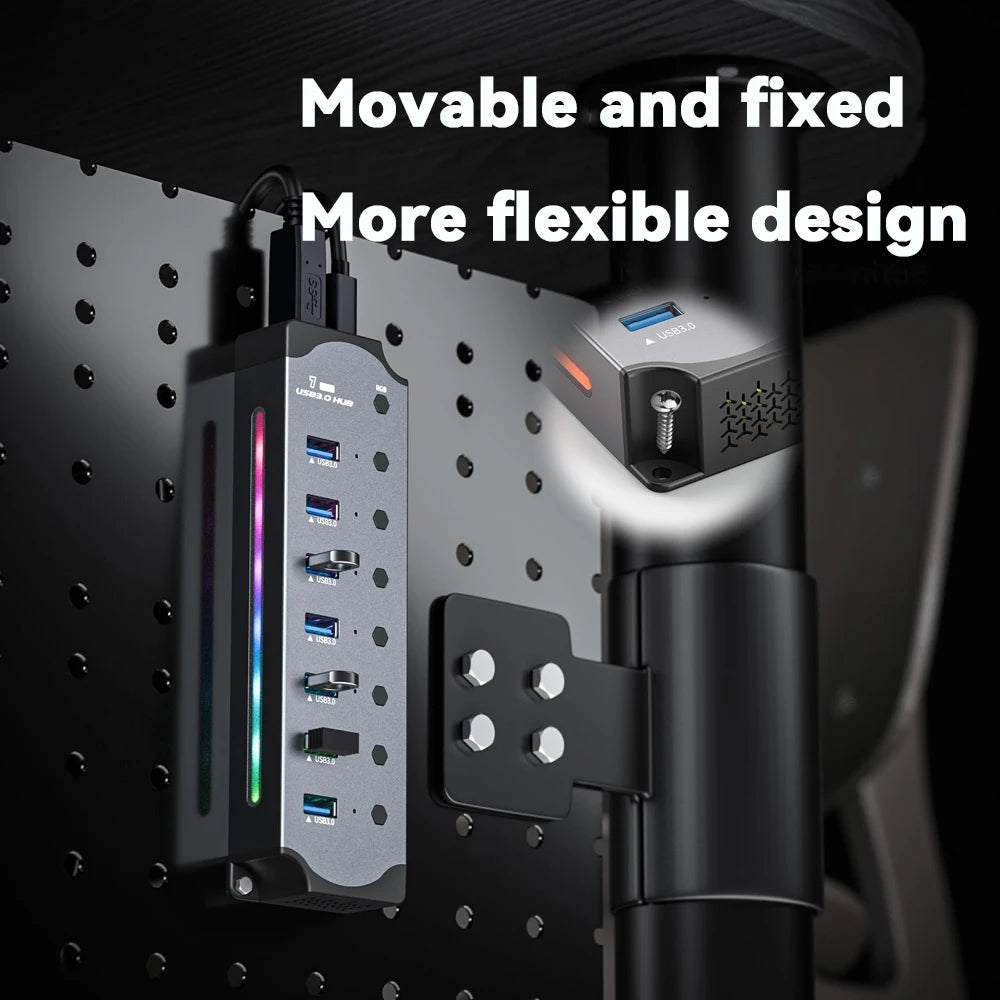 7 Port USB 3.0 Hub Aluminum Multiple Splitter Independent Button Switches For PC Laptop RGB Lighting Effects High Speed USB Hub