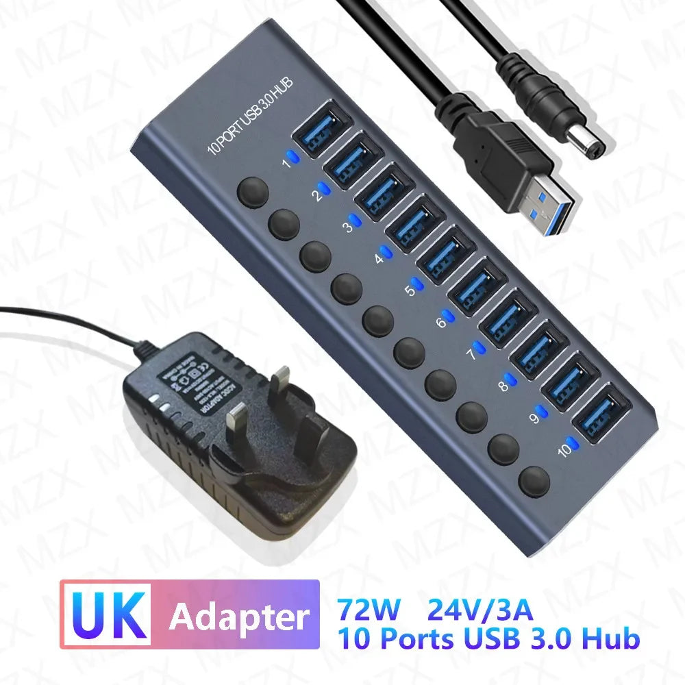 10 7 4 Port USB Hub 3.0 Aluminum A 3 0 Multi-hub Splitter Concentrator Multiple Extension Dock with Switch Adapter for PC Laptop
