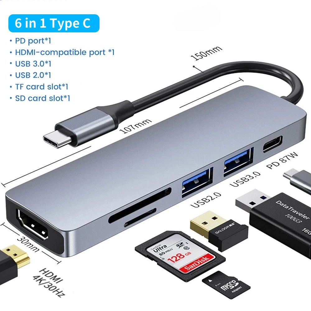 USB C Hub 4K 30Hz HDMI USB HUB PD 100W Multiport Adapter SD TF USB 3.0 2.0 Splitter Docking Station for Phone MacBook Computer