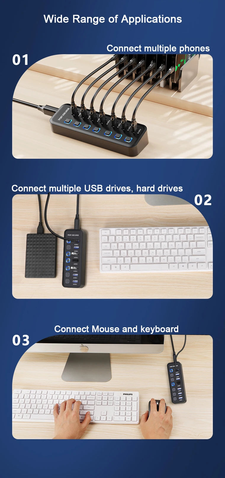 USB 3.0 Hub 4 Ports 7 Ports USB 3.0 Data Port Adapter 5Gbps High Speed Individual On/Off Switch Splitter USB Extension