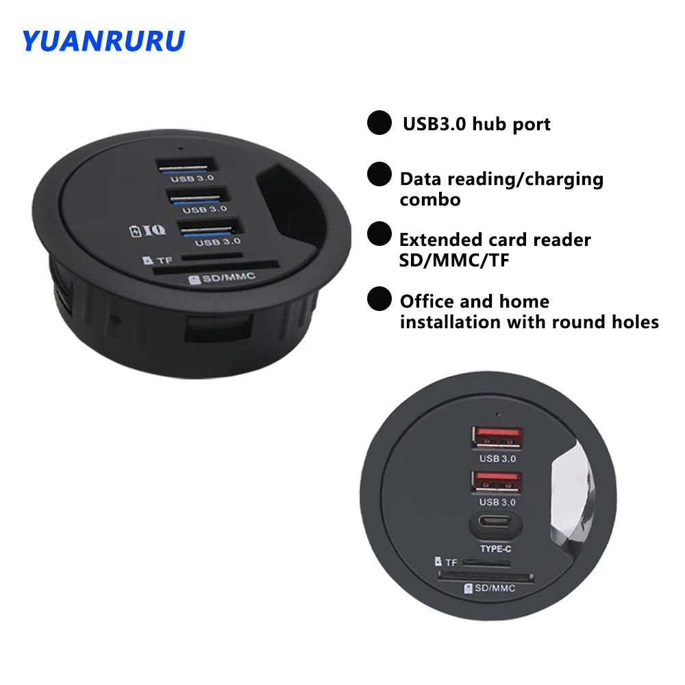 USB Hub USB 3.0 USB 2.0 Hub Desktop Grommet Type C Port Hub Audio Baseus With SD/TF Port Mount In Desk With Power Adapter 5V 2A