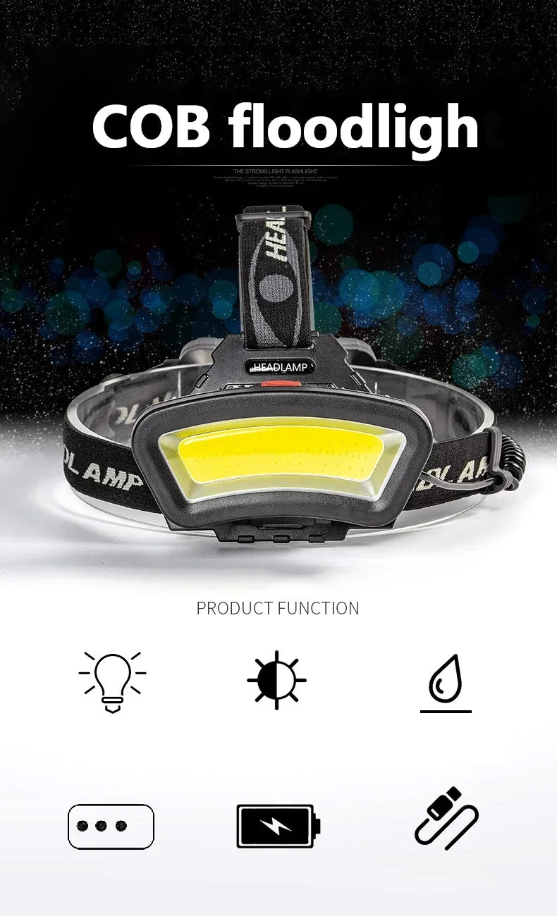 COB LED Wide Headlamp Wide Range Lighting USB Rechargeable LED Wide Angle Headlight with Battery Level Display 2*18650 Batteries
