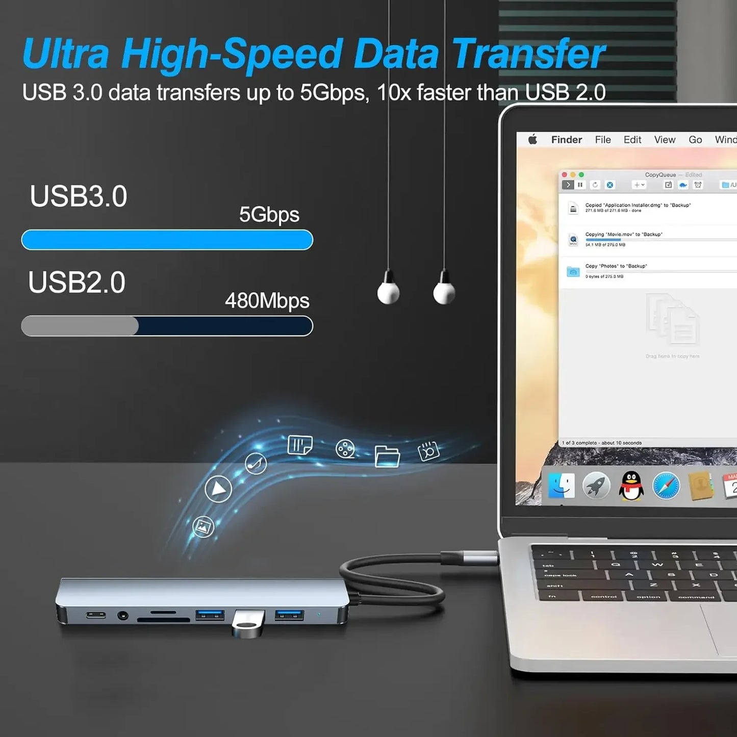 USB C Hub 8-in-2 USB Splitter with USB 3.0/2.0 USB-C Data 3.5 Audio SD/TF Card Reader Multiport USB C HUB for MacBook Laptop