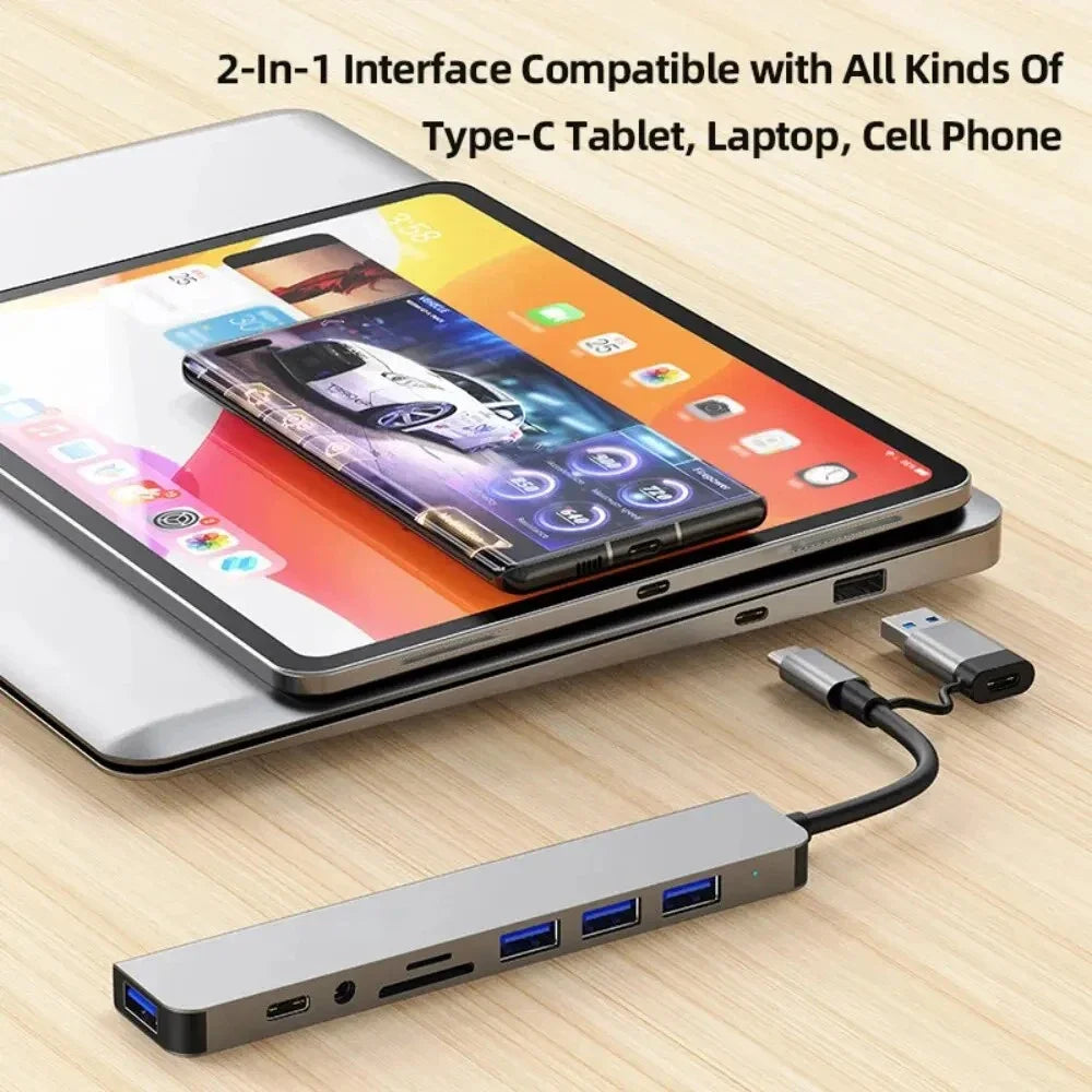 USB C Hub 8-in-2 USB Splitter with USB 3.0/2.0 USB-C Data 3.5 Audio SD/TF Card Reader Multiport USB C HUB for MacBook Laptop