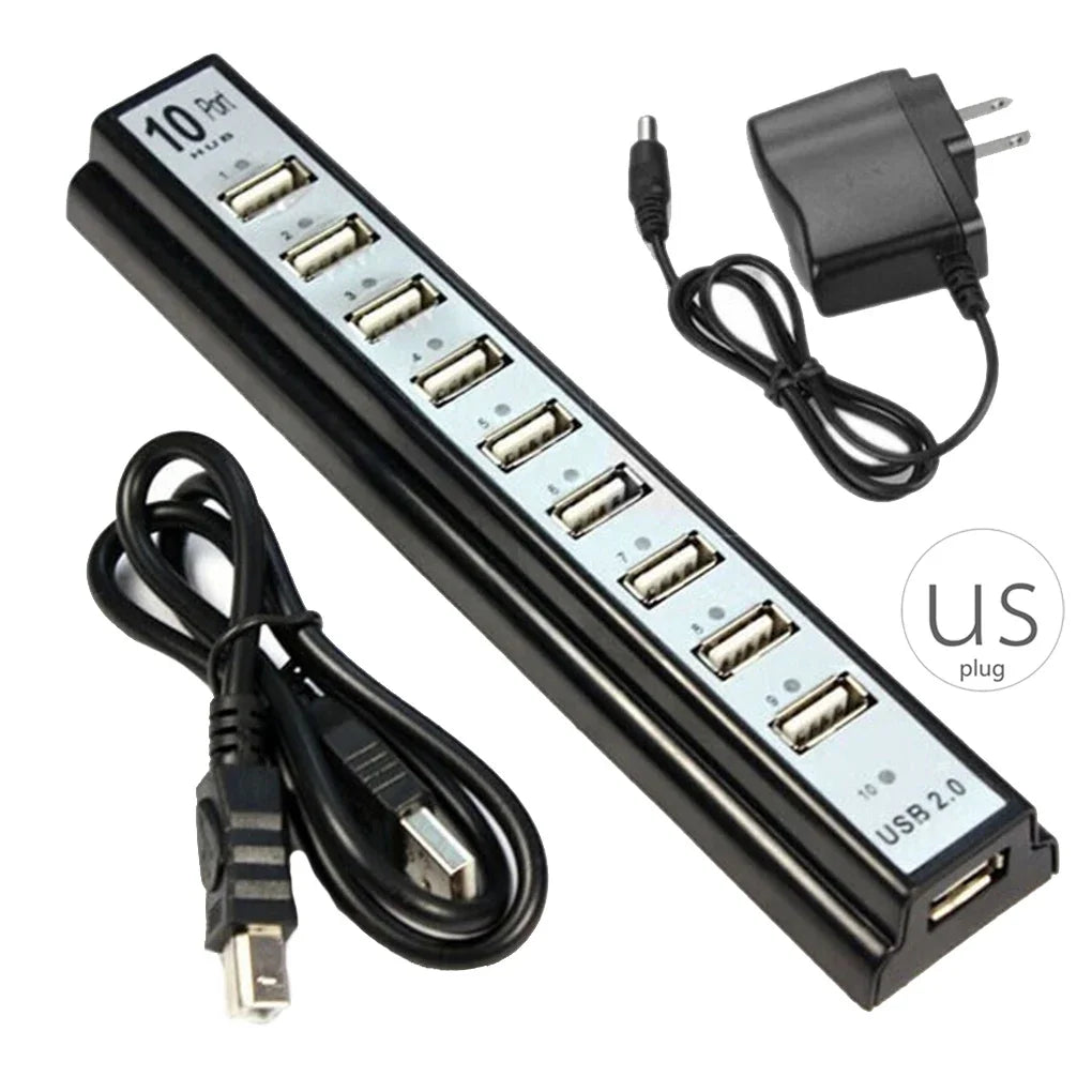 USB HUB 10 Port Keyboard U-disk Mouse USB 2.0 Plastic Splitter Hub Cellphone Charging Cable Adaptor Charger