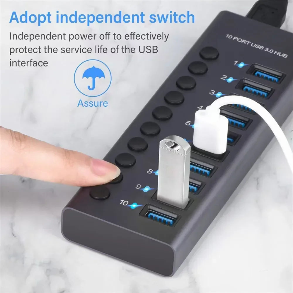 10 7 4 Port USB Hub 3.0 Aluminum A 3 0 Multi-hub Splitter Concentrator Multiple Extension Dock with Switch Adapter for PC Laptop