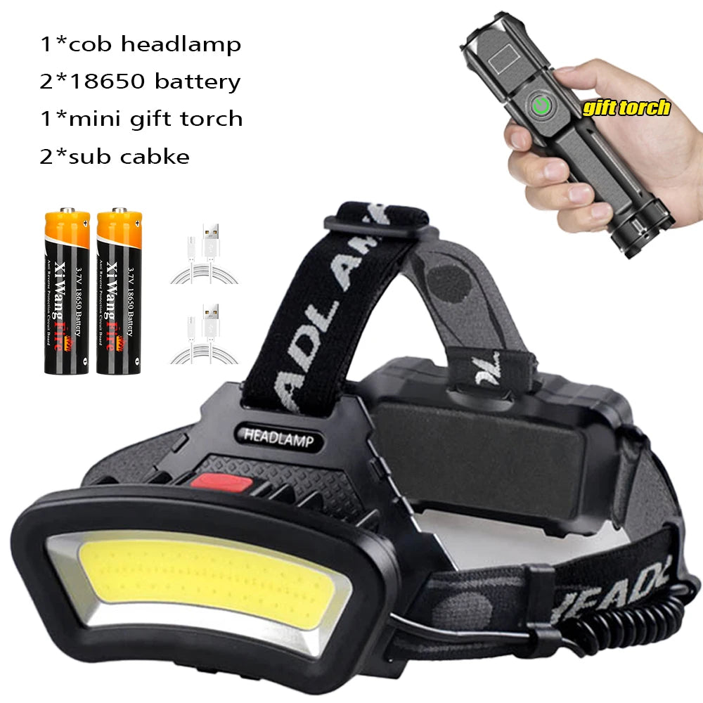 COB LED Wide Headlamp Wide Range Lighting USB Rechargeable LED Wide Angle Headlight with Battery Level Display 2*18650 Batteries