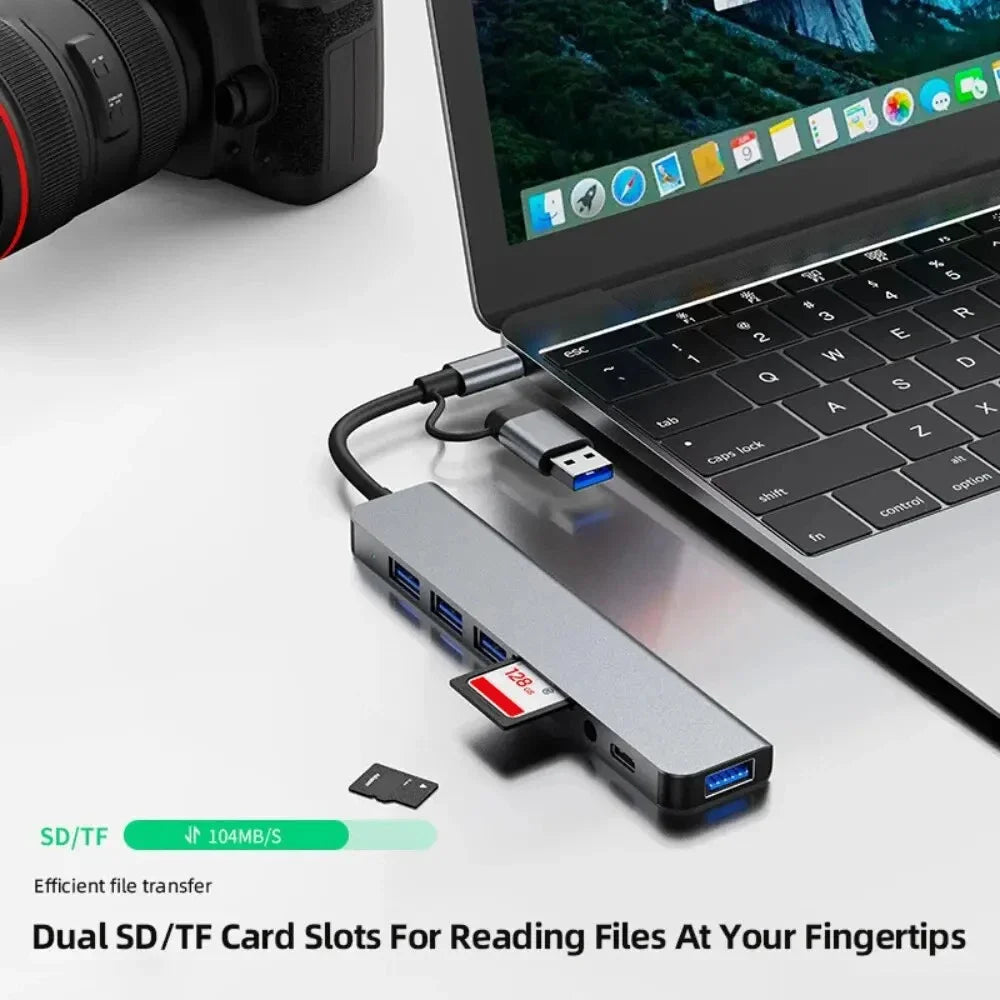 USB C Hub 8-in-2 USB Splitter with USB 3.0/2.0 USB-C Data 3.5 Audio SD/TF Card Reader Multiport USB C HUB for MacBook Laptop